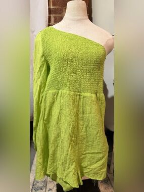 SHEIN Neon Lime One-Shoulder Smocked Romper